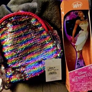 Girls sequin backpack and Original Detangler brush
